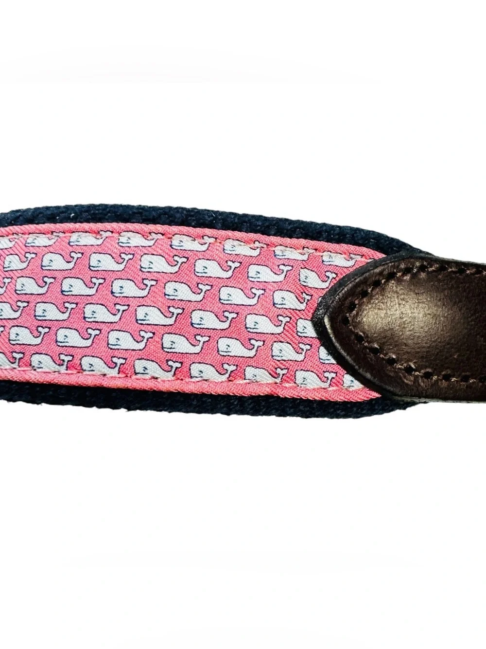 Vineyard Vines Pink Whale Pattern Web Belt with Brown Leather Men’s Sz. 30